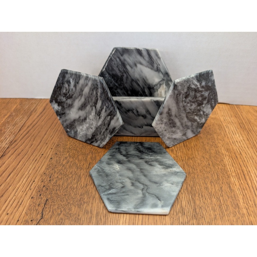 4 MCM Handmade Black & White Marble Stone Coasters With Holder - Picture 2 of 3